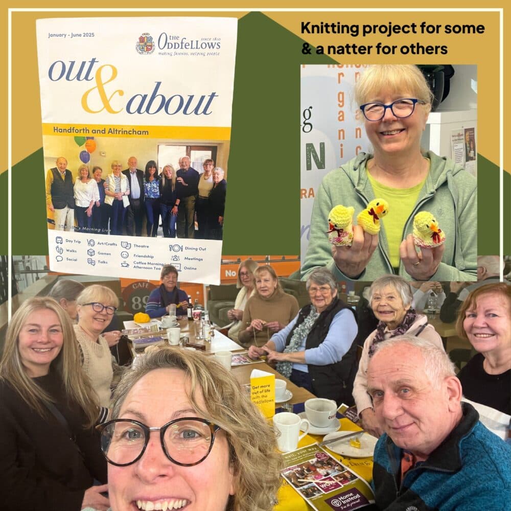 A friendly group at a café; one woman holds knitted chicks. "Out & About" magazine cover is also shown. - Home Instead
