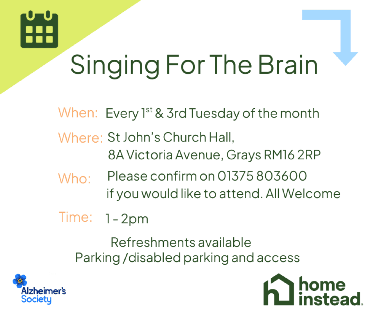 Event flyer for "Singing For The Brain" with date, time, location, contact, and accessibility details. - Home Instead