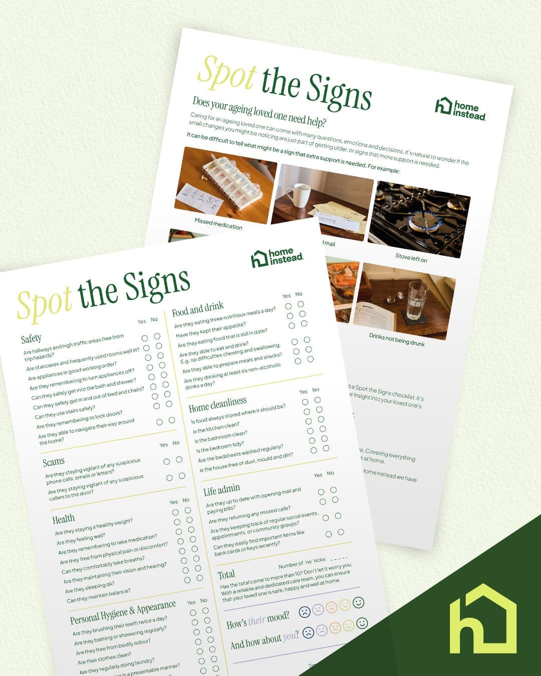 Two "Spot the Signs" checklists about elder care are displayed on a light surface with a green house logo. - Home Instead