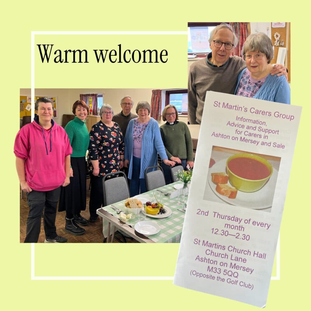 A smiling group stands by a table; a flyer advertises St Martin’s Carers Group meeting details. - Home Instead