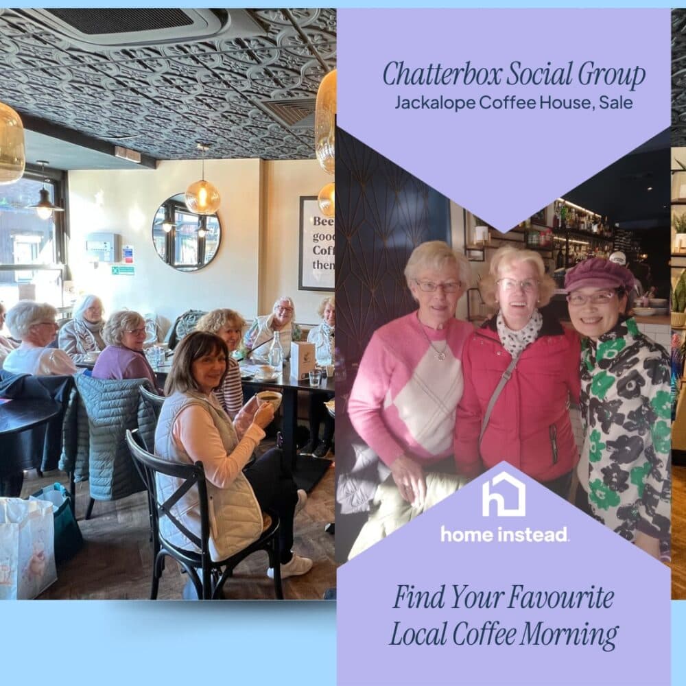 A group of older women enjoying coffee together at a cozy café, smiling and socializing. - Home Instead