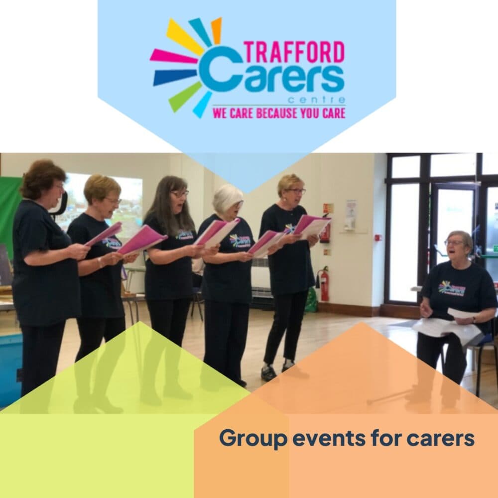 Six women in matching shirts sing together at an indoor event for Trafford Carers Centre. Text: Group events for carers. - Home Instead