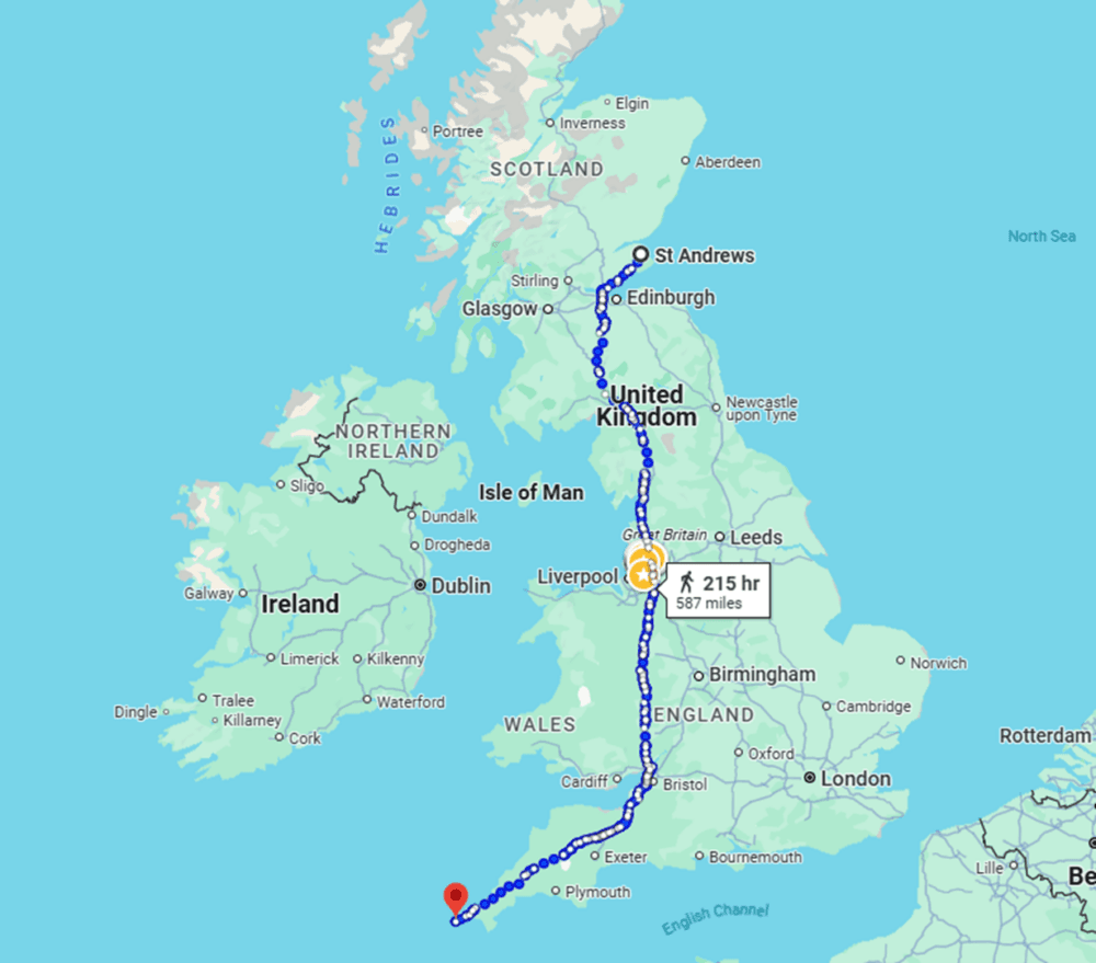 Map of the united kingdom on a blue background. It shows a walking route from lands end to St Andrews