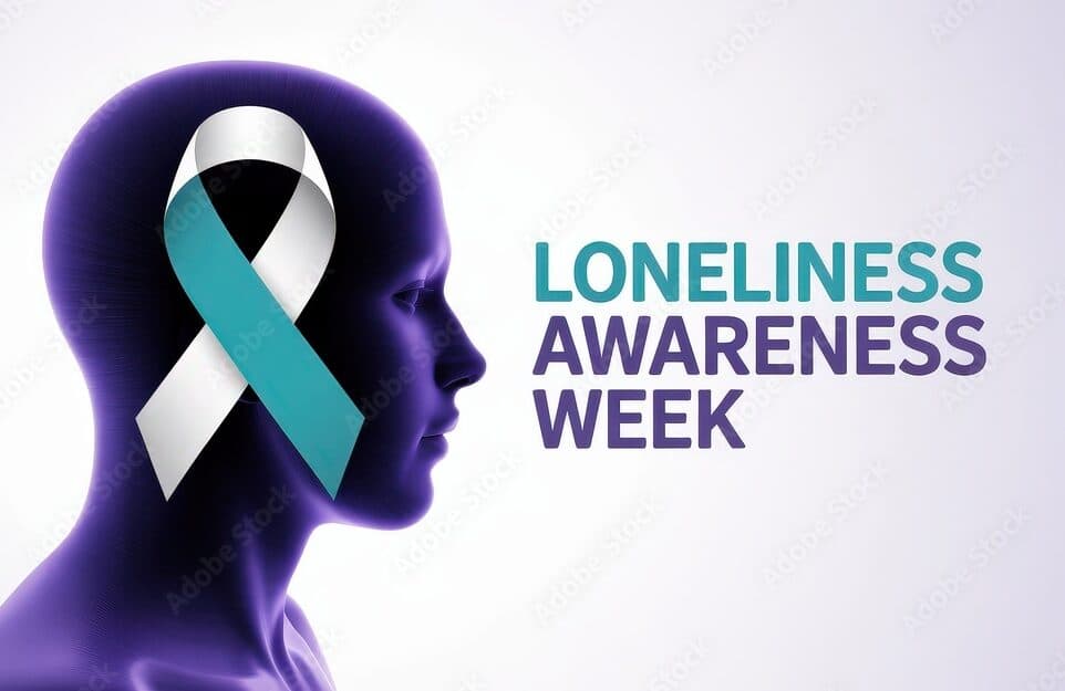 Silhouette of a head with a teal and white ribbon, text reads "Loneliness Awareness Week. - Home Instead