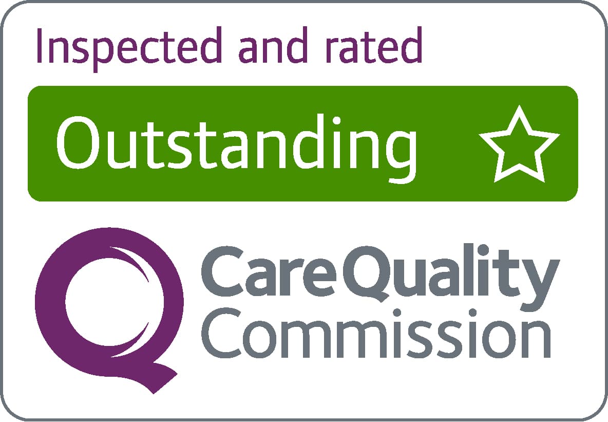 Care Quality Commission logo with text: Inspected and rated Outstanding, green star icon. - Home Instead