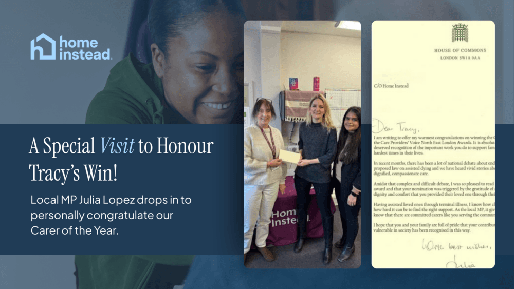 Three women smile as one receives an award, with a congratulatory letter from the House of Commons beside them. - Home Instead