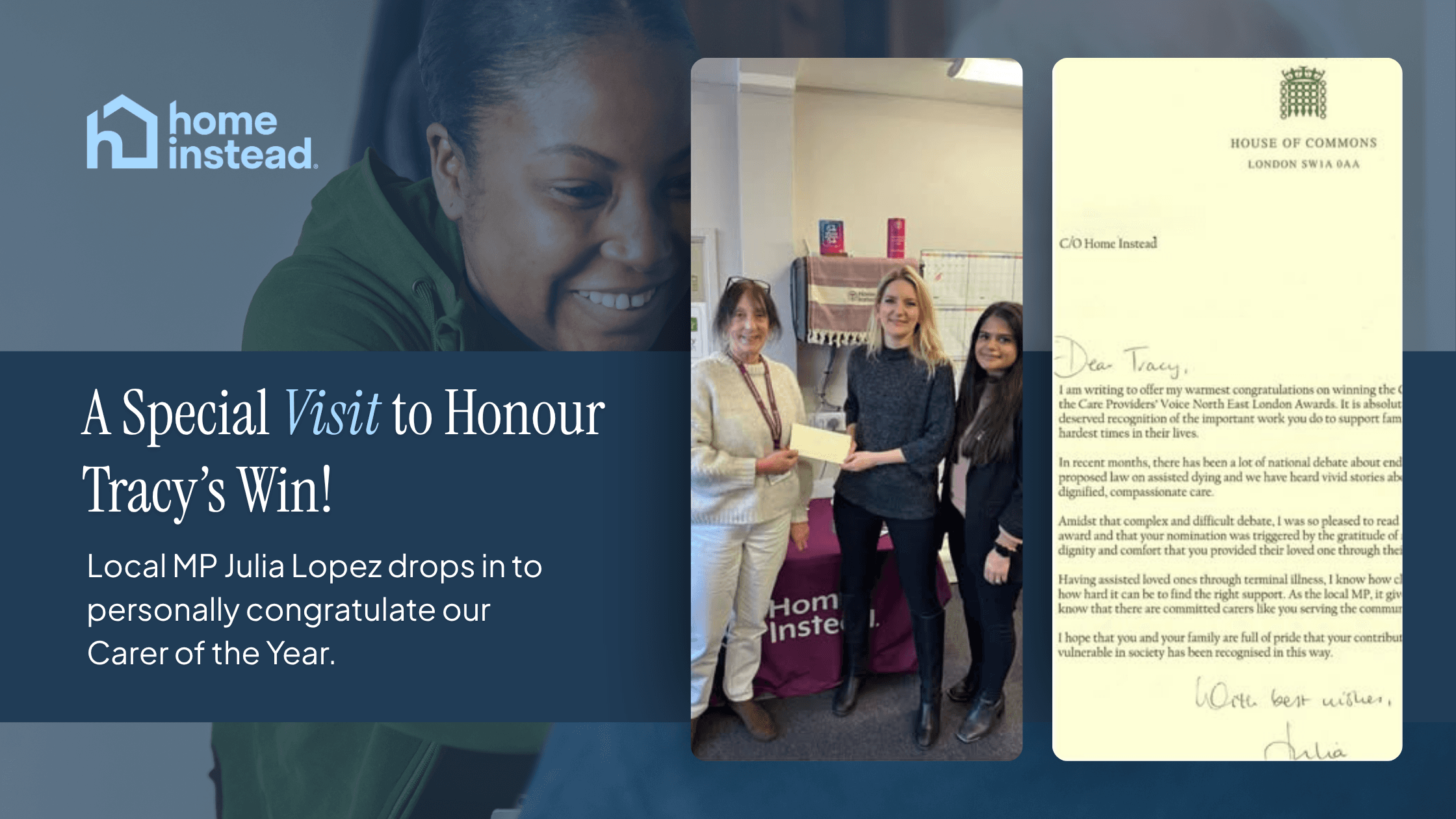 Three women smile as one receives an award, with a congratulatory letter from the House of Commons beside them. - Home Instead