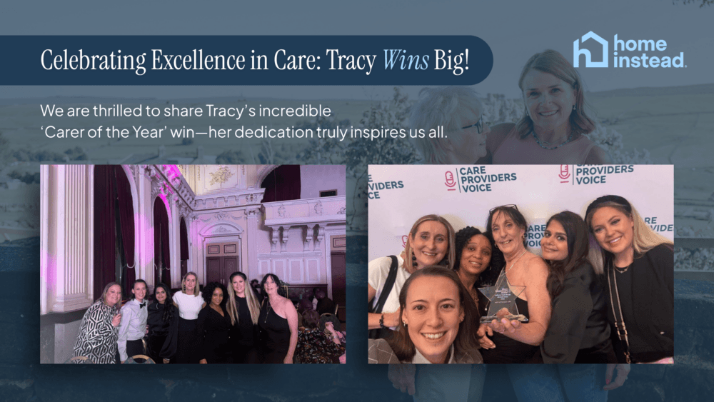 Smiling group celebrating Tracy’s “Carer of the Year” win at an award event, holding a trophy. - Home Instead