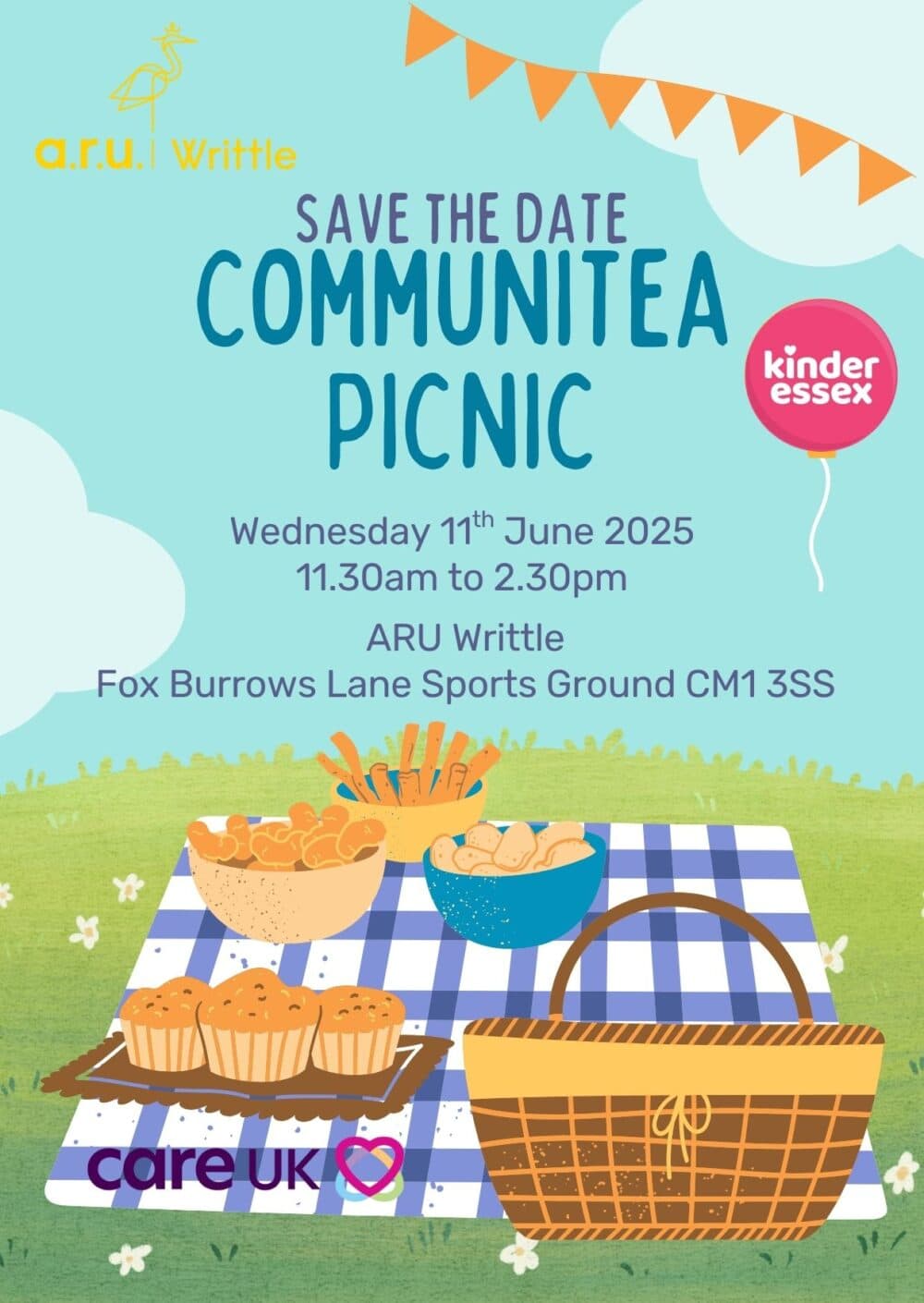 Illustrated picnic invitation with food, blue blanket, and event details for "CommuniTea Picnic" on June 11, 2025. - Home Instead