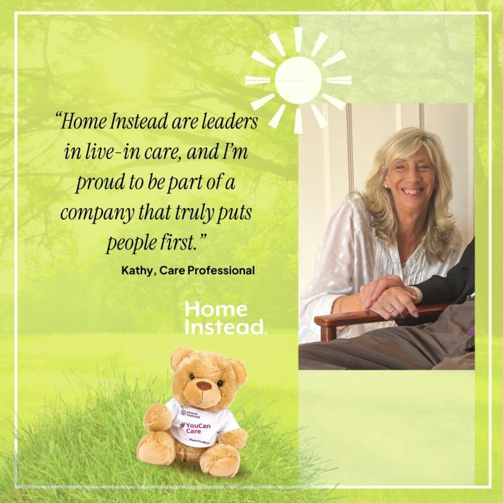 Smiling woman sits indoors; quotation praising Home Instead, with logo, teddy bear, and sunny background. - Home Instead