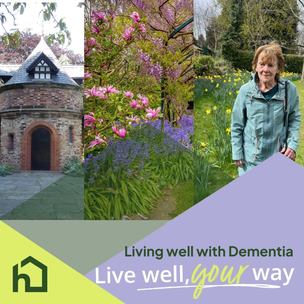 Three images: a round brick building, flowers in a garden, and an older woman in a green coat, smiling outside. - Home Instead