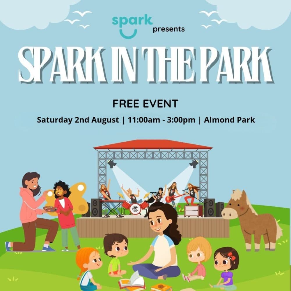 Cartoon families and kids enjoy music at an outdoor stage in a park; event details above them. - Home Instead