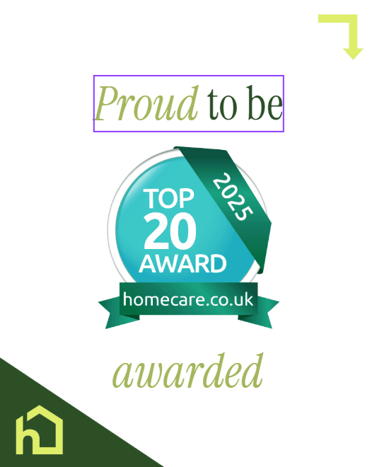 Green and white badge that reads "Top 20 Awards 2025" with "homecare.co.uk" written on a green ribbon below. - Home Instead