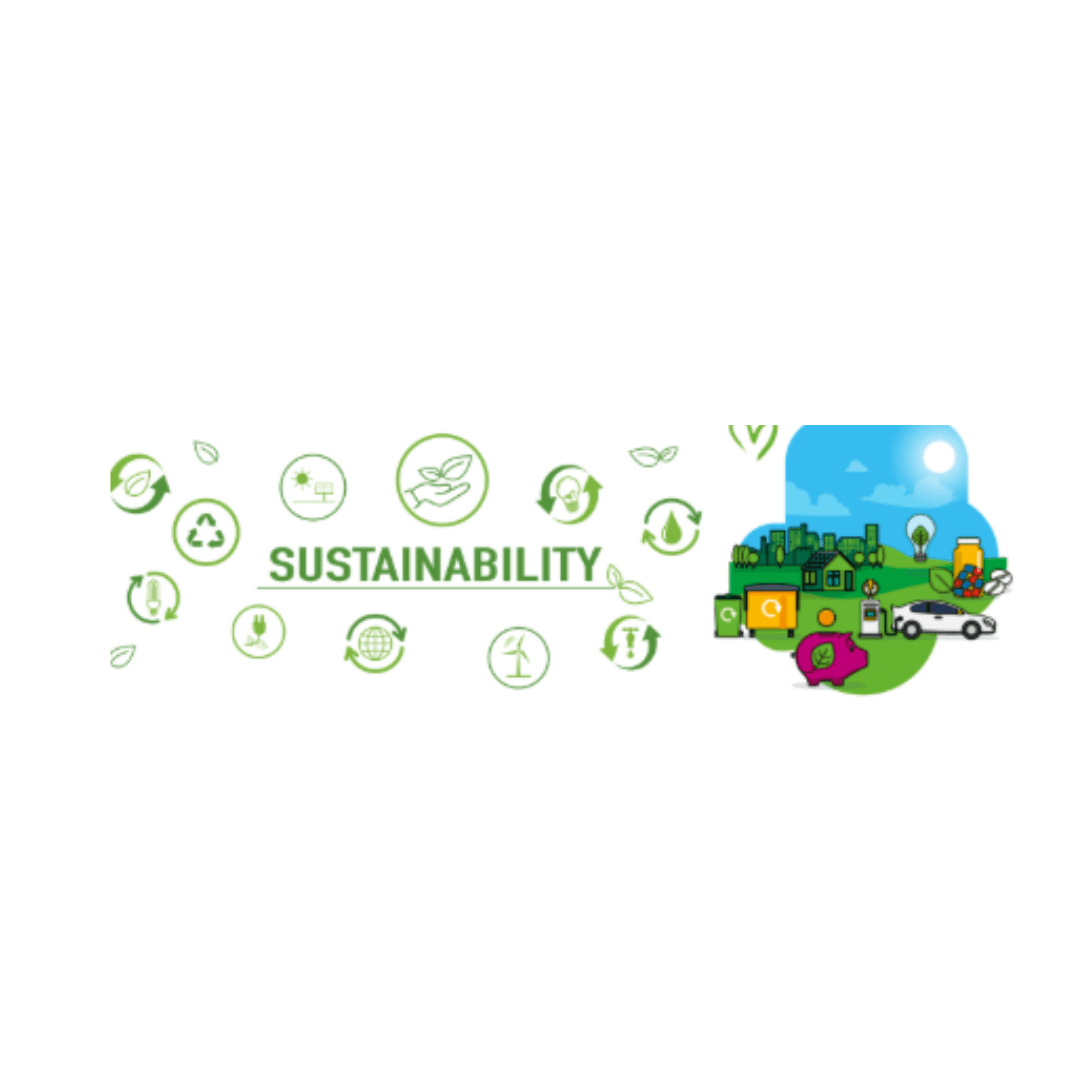 Green icons around the word "Sustainability" and an eco-friendly town with solar panels and electric cars. - Home Instead