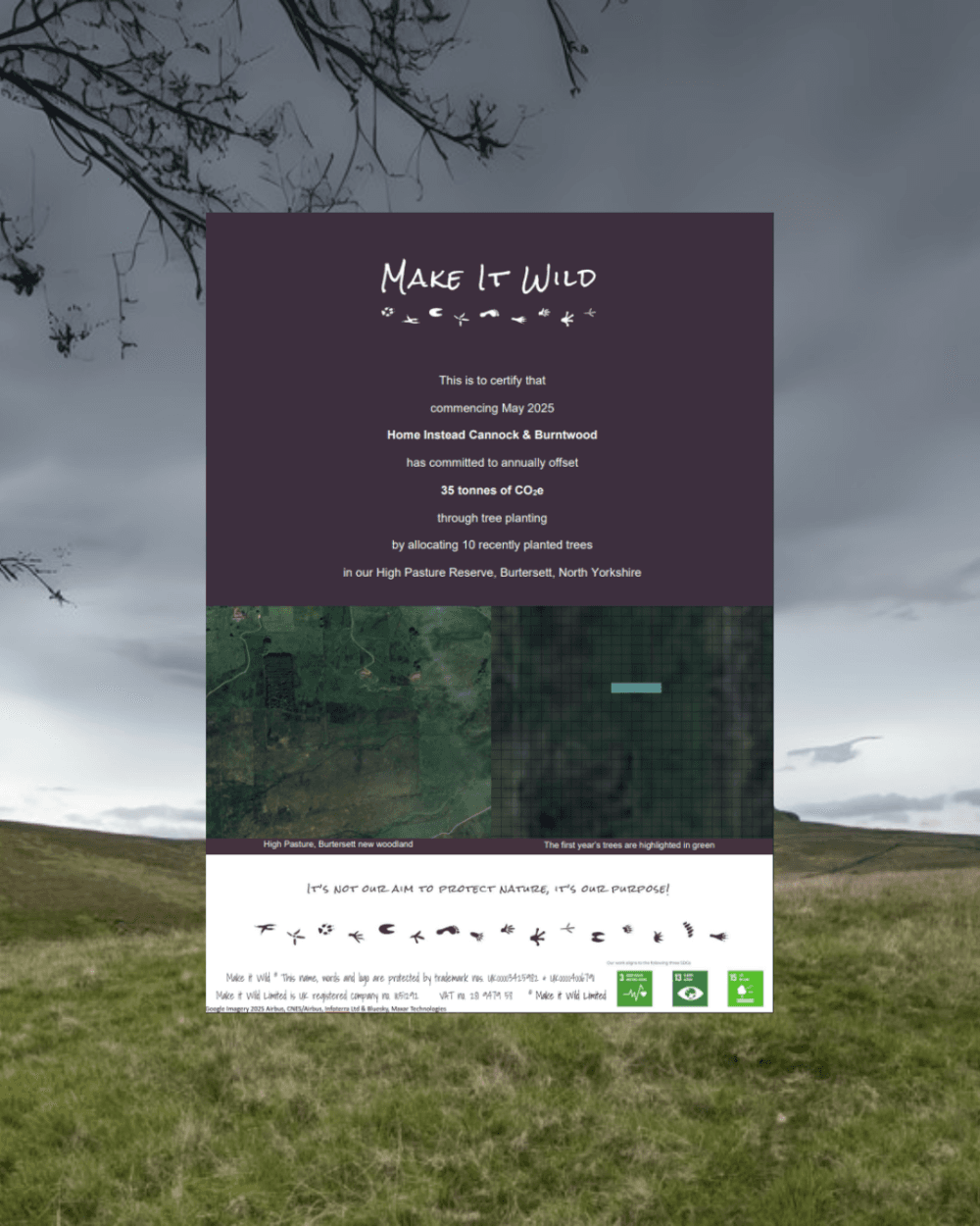 A certificate from "Make It Wild" confirming a CO₂ offset, overlaid on a grassy field with cloudy skies. - Home Instead