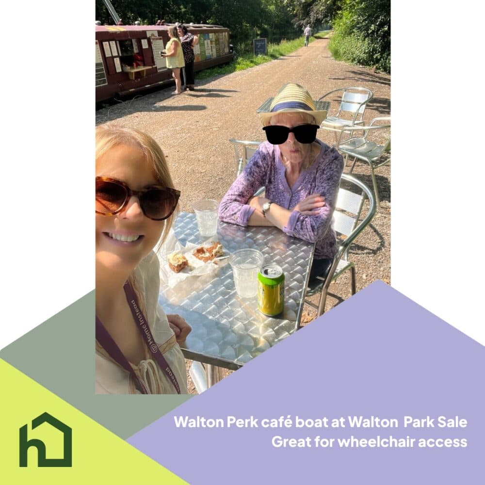 Our Care Professional Cat taking a Home Instead Client out for a stroll along the Canal in Sale next to Walton Park stopping at Walton Perk Cafe Boat