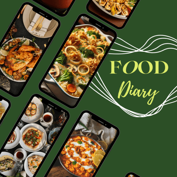 Smartphones showing various dishes surround the words "Food Diary" on a dark green background. - Home Instead