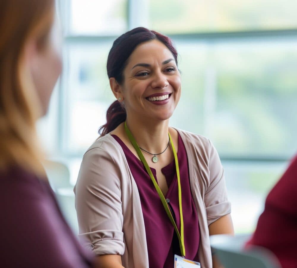 Woman with black hair smiling and sitting beside the window while on training