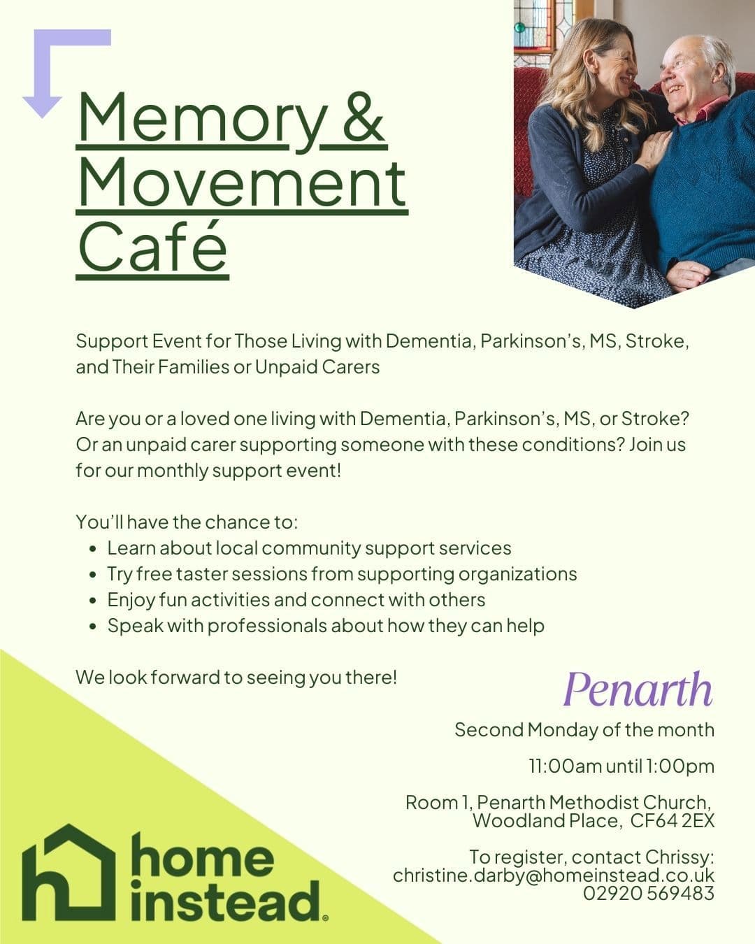 Flyer for Memory & Movement Café; event for carers and those with dementia, Parkinson’s, MS, or stroke, in Penarth. - Home Instead