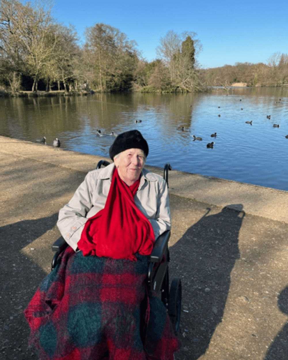 An elderly person in a wheelchair by a lake, wrapped in a blanket, on a sunny day with ducks on the water. - Home Instead