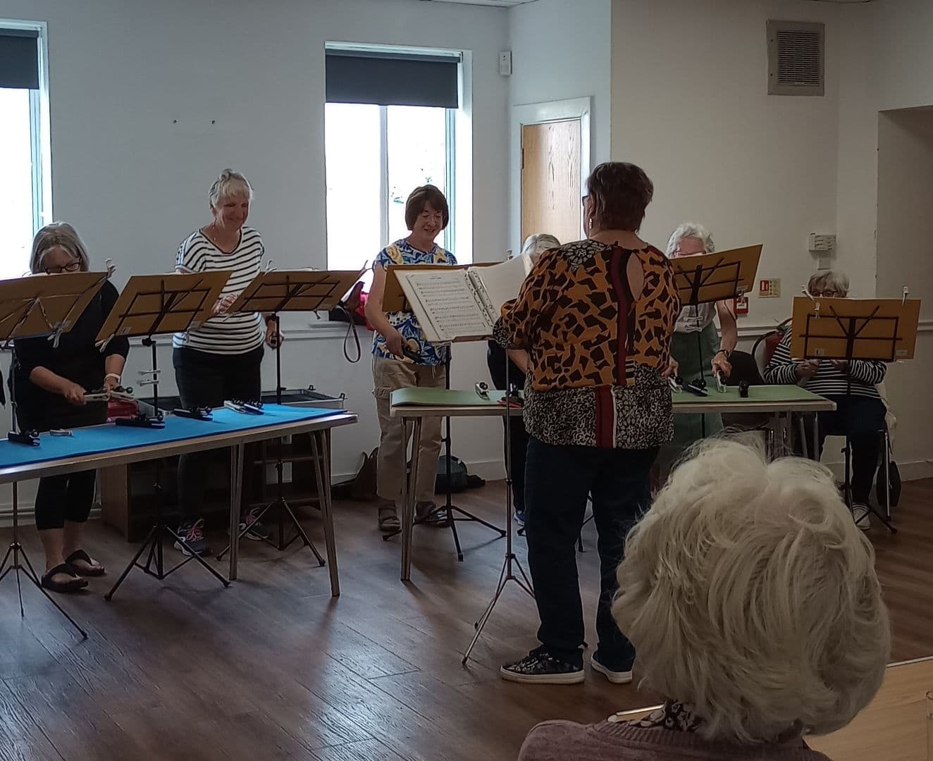 A group of women play handbells in a room, led by a conductor, with sheet music on stands. - Home Instead