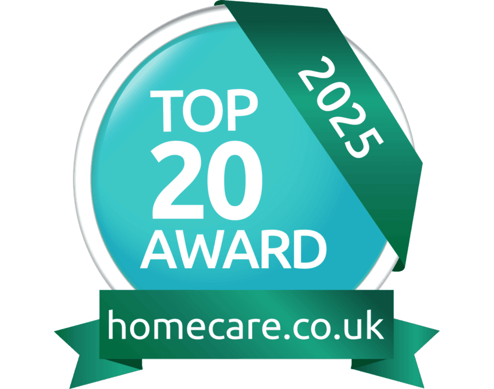 A badge reading "Top 20 Award 2025" with "homecare.co.uk" on a green ribbon. - Home Instead