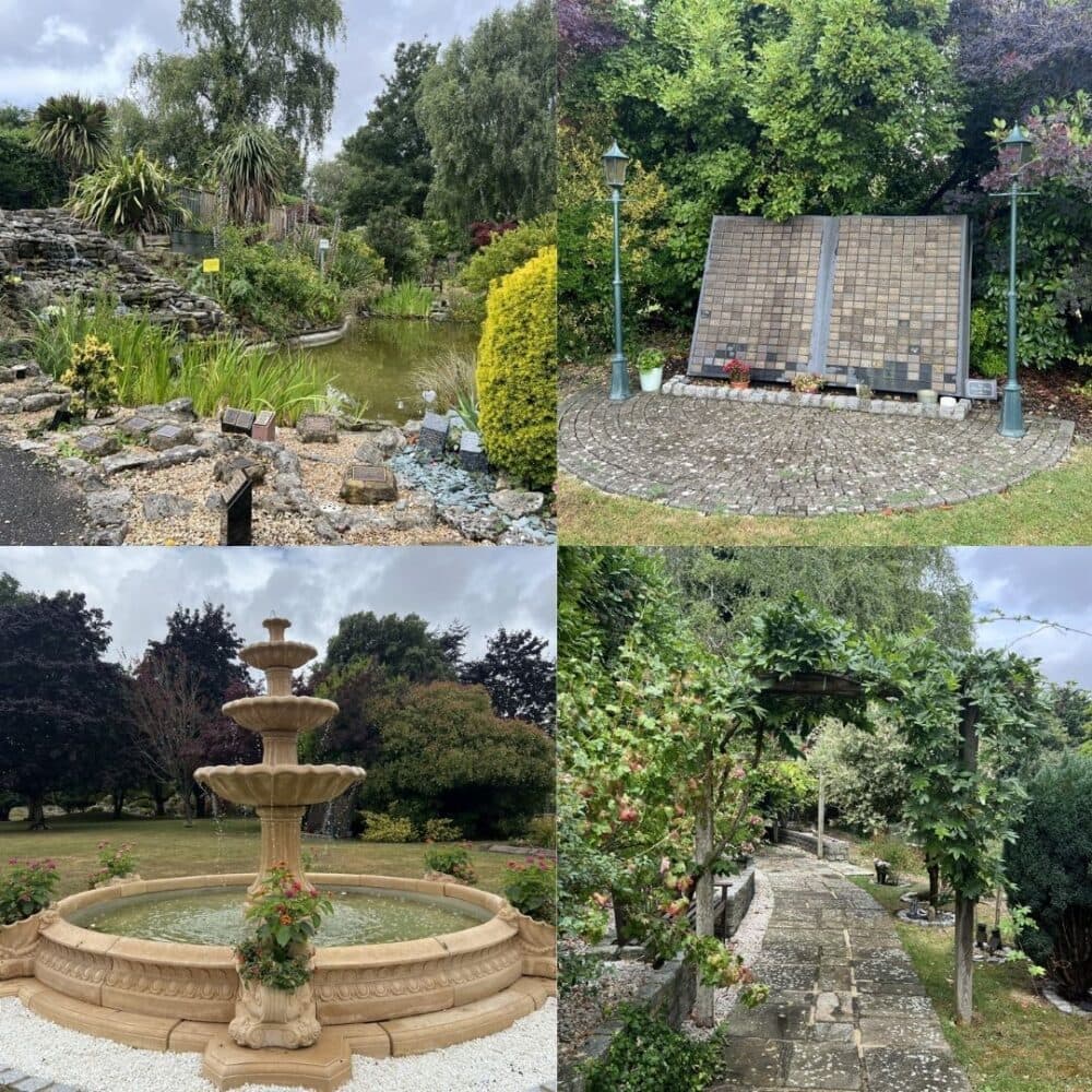 A collage of four garden scenes: a pond, memorial, fountain, and stone path with greenery. - Home Instead