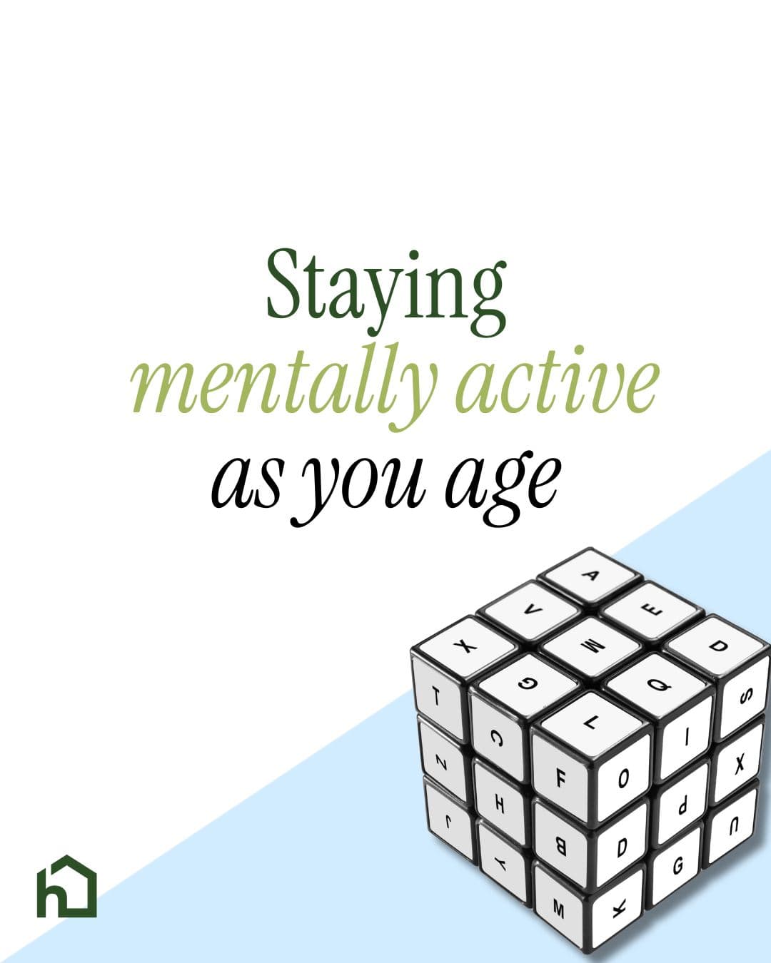 Text reads "Staying mentally active as you age" above a Rubik’s cube made of keyboard keys. - Home Instead
