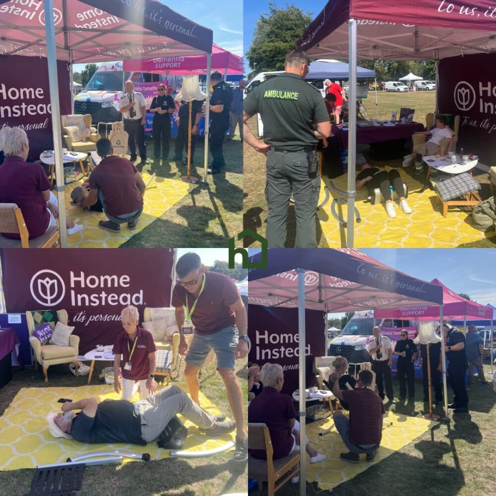 Four scenes at a Home Instead booth with people demonstrating and learning first aid on a yellow rug outdoors. - Home Instead