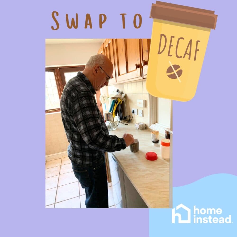 Older man making a drink in a kitchen with the text "Swap to Decaf" and the Home Instead logo. - Home Instead