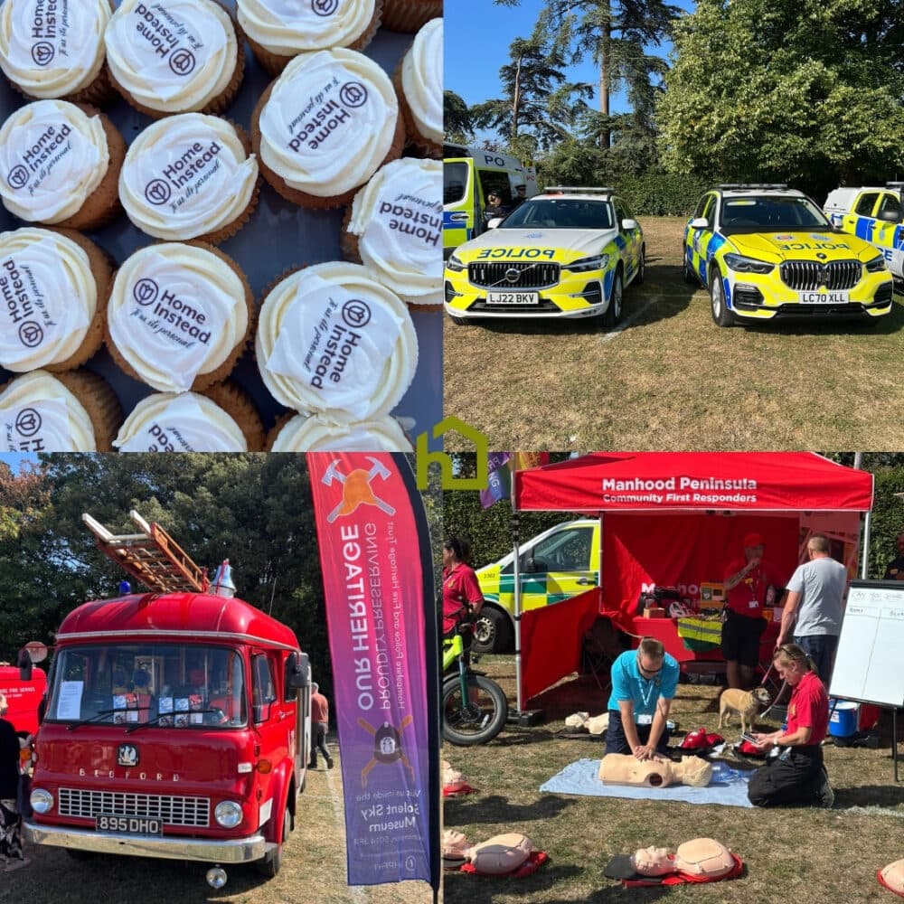 Collage: branded cupcakes, emergency vehicles, a red vintage fire engine, and CPR training at an outdoor event. - Home Instead