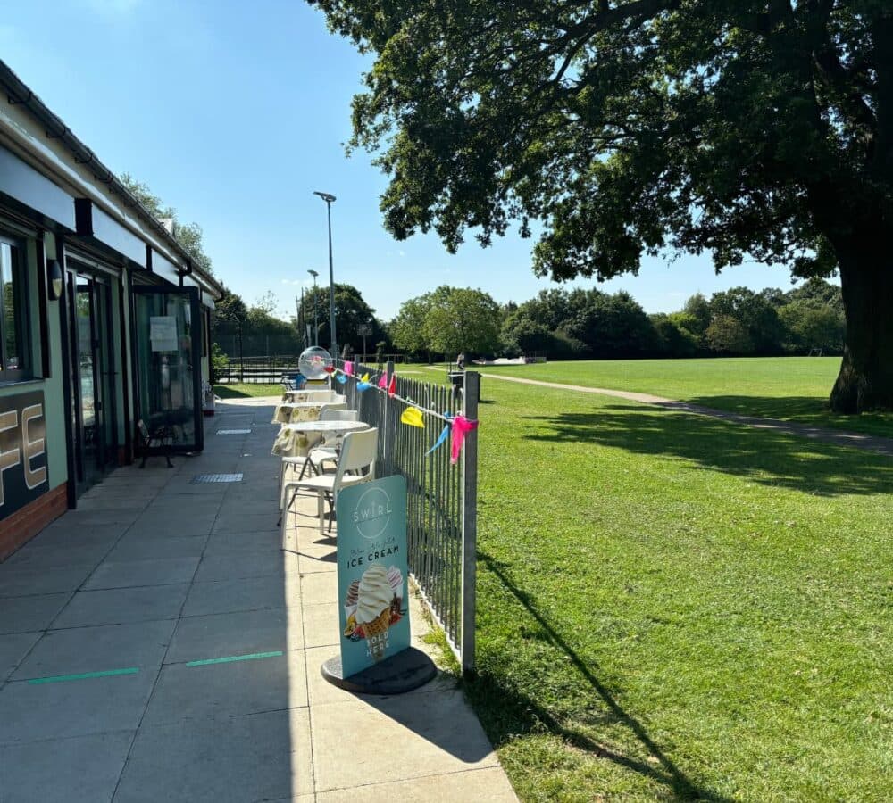 Julie's cafe at the Stonards park with green grass