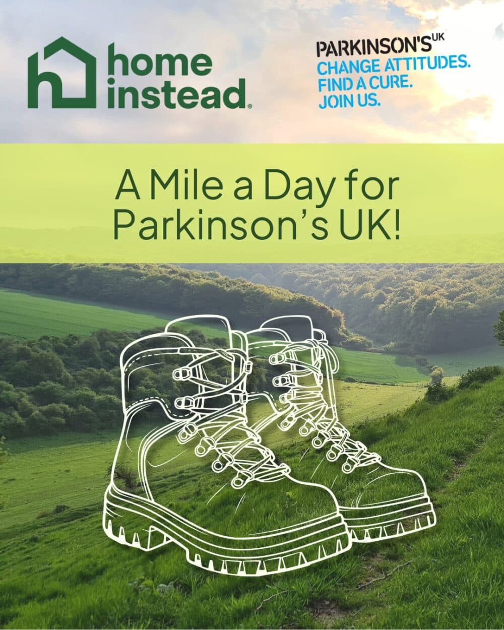 Outline of hiking boots on a green landscape with text promoting a walk for Parkinson’s UK. - Home Instead