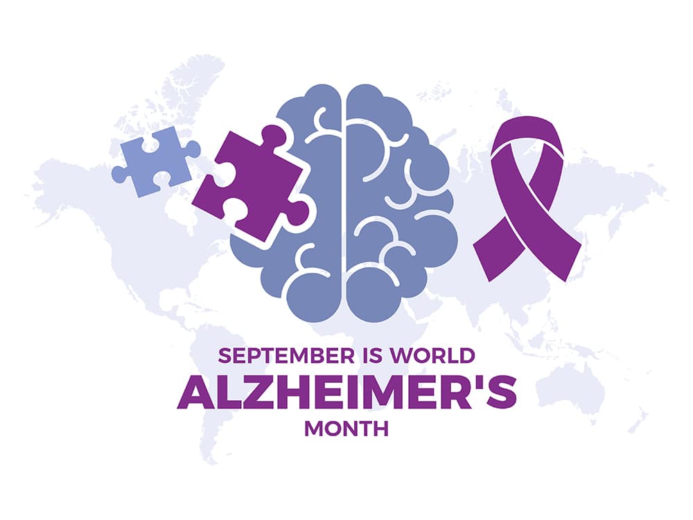 Illustration of a brain, puzzle pieces, and purple ribbon with text: "September is World Alzheimer's Month. - Home Instead
