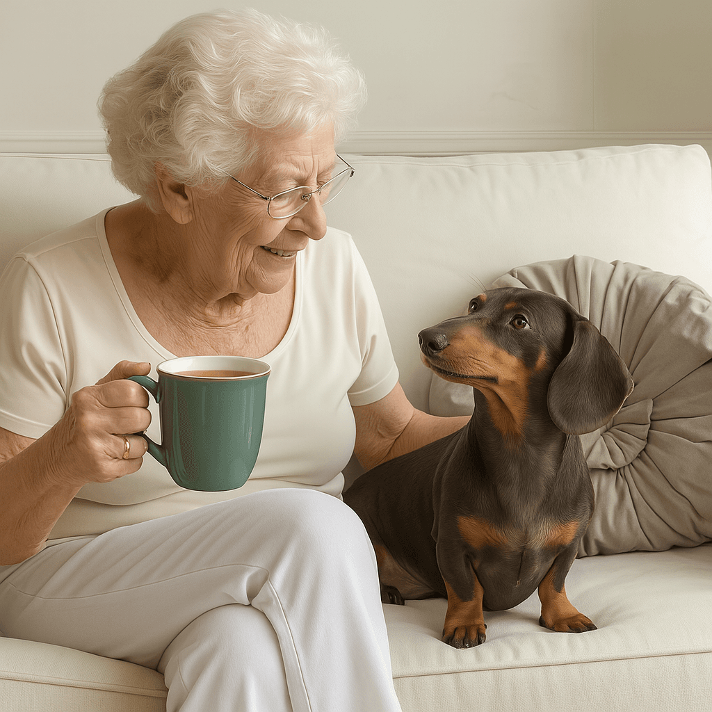Elderly woman smiling with a mug in hand, sitting beside a dachshund on a couch. - Home Instead