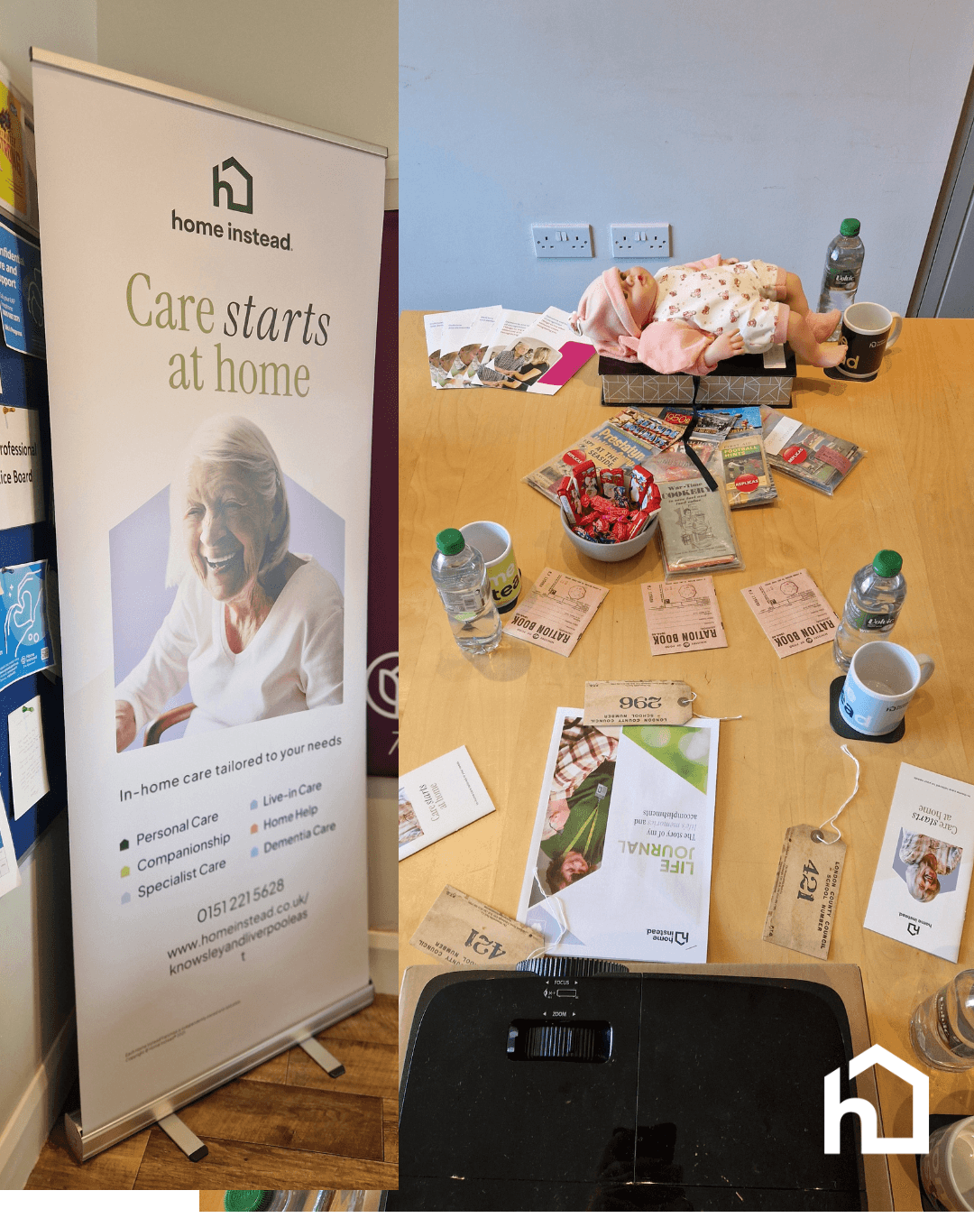 A care service banner and a table with leaflets, snacks, bottles, and a doll for home care training. - Home Instead