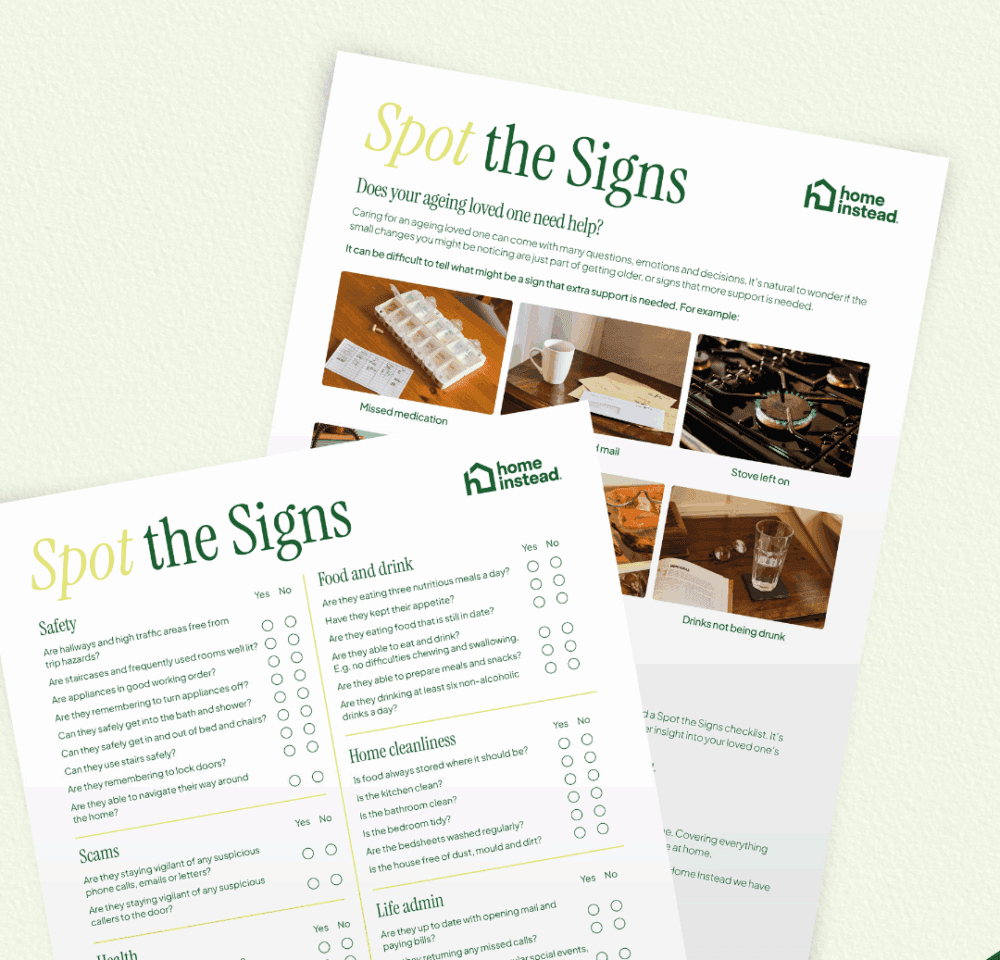 Two checklists titled "Spot the Signs" offer tips for helping ageing loved ones, with photos and home care advice. - Home Instead