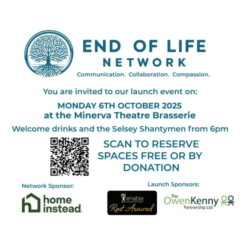 Invitation to End of Life Network launch event, with date, location, QR code, and sponsor logos. - Home Instead
