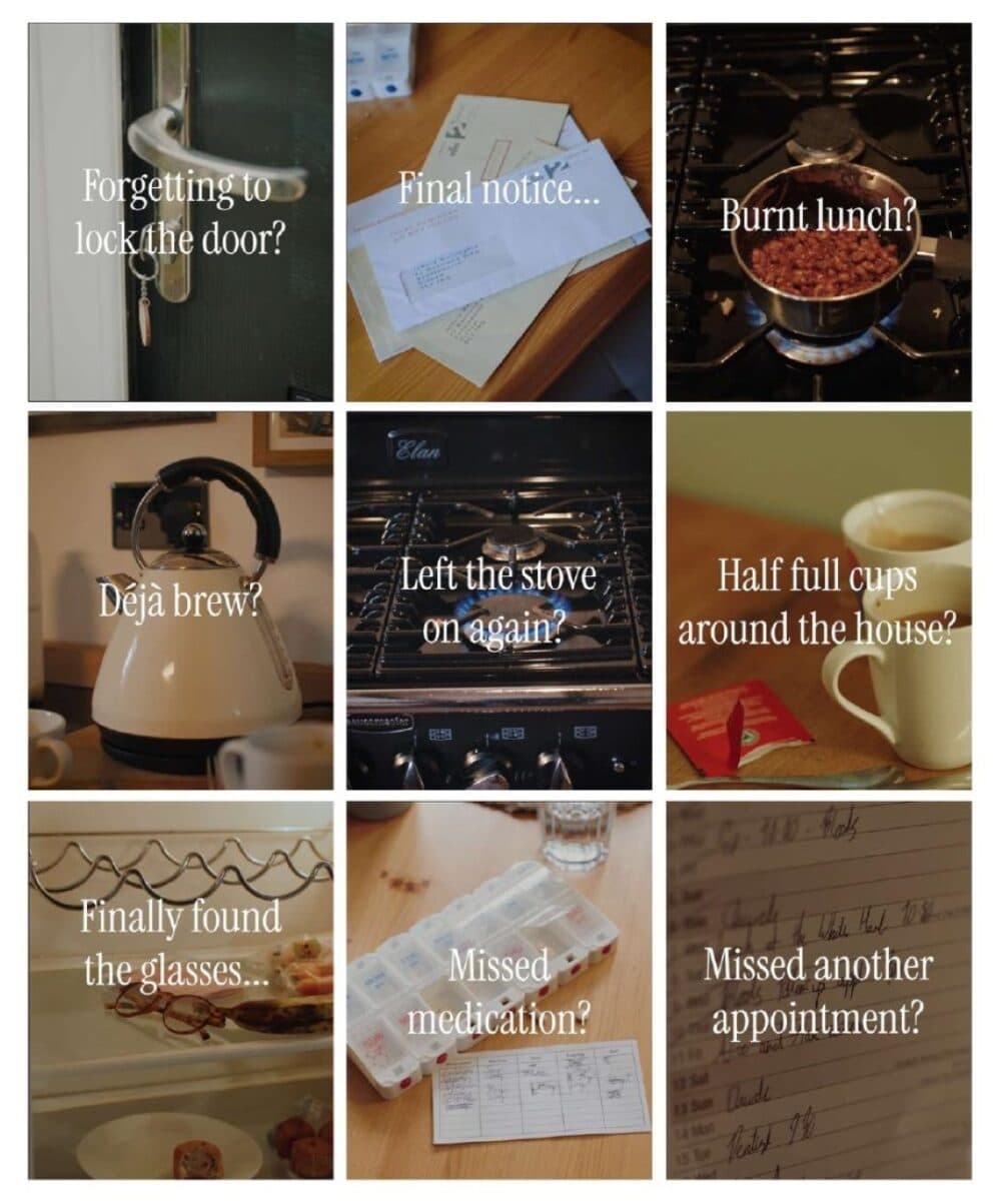 Collage of nine shots showing signs of dementia from Home Instead's Spot the Signs video