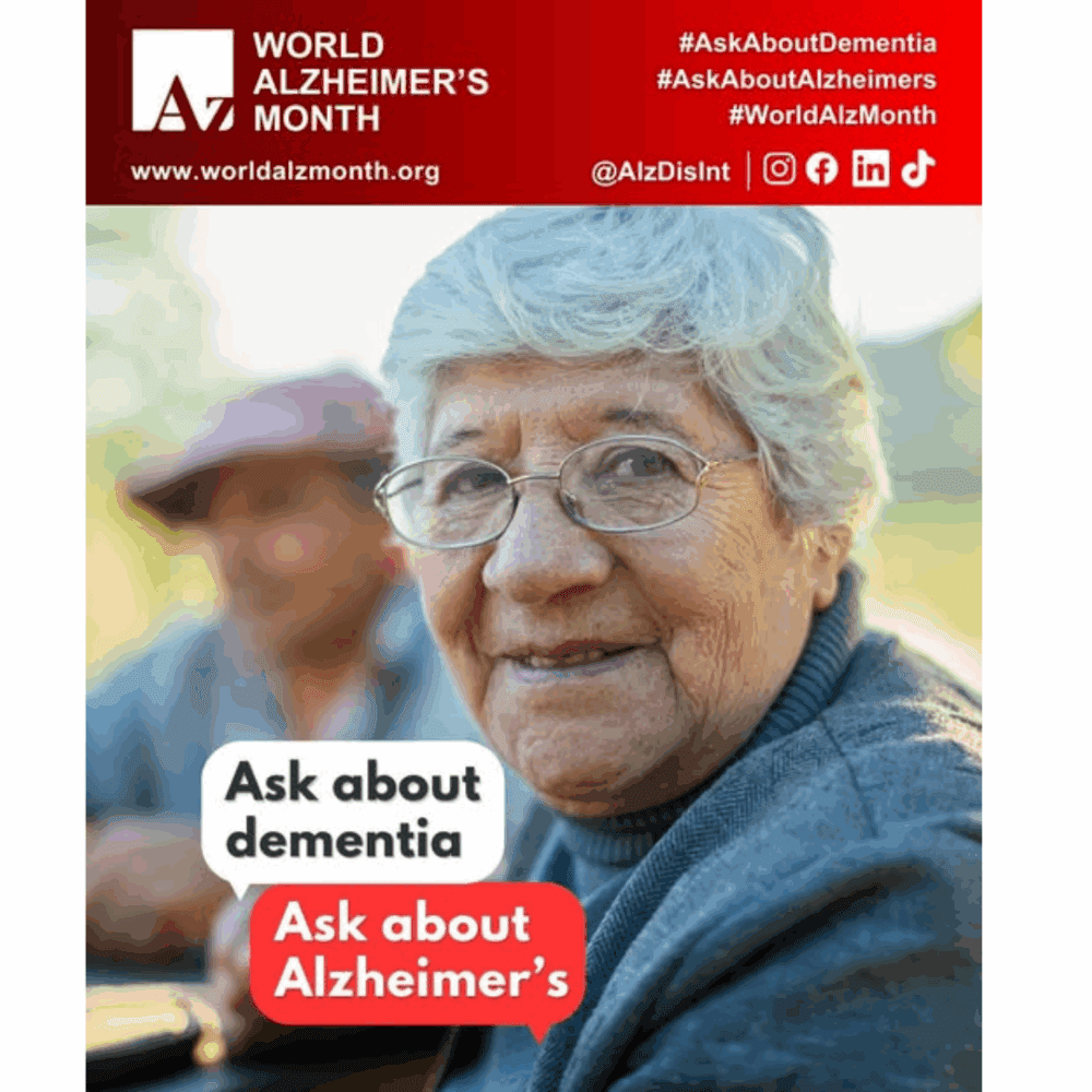 Elderly person smiling outdoors with the text, "Ask about dementia. Ask about Alzheimer’s." World Alzheimer's Month. - Home Instead