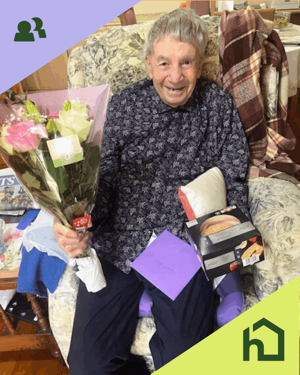 Client GK with cards and flowers for his 94th birthday