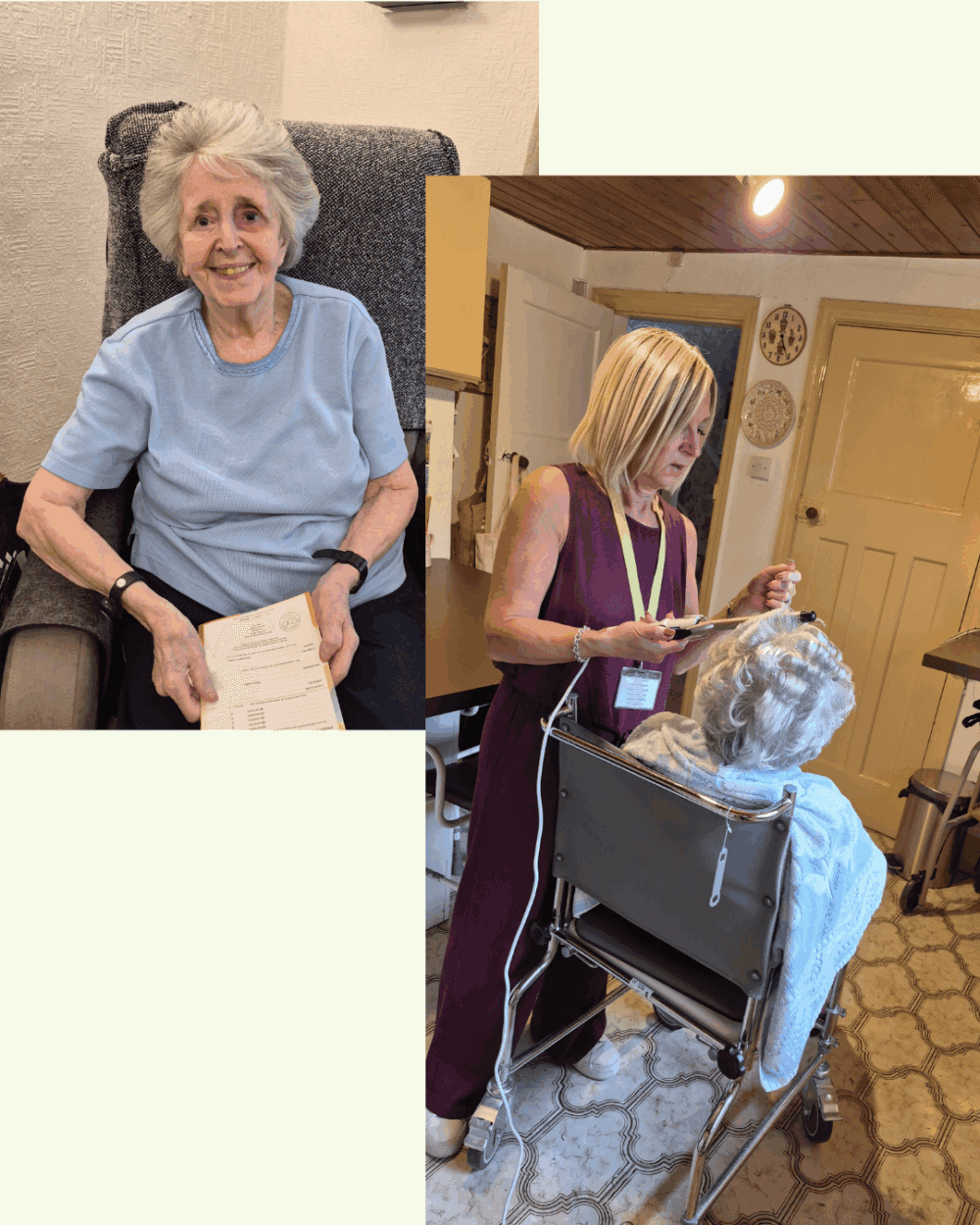 Smiling elderly woman in blue and hairdresser styling her hair in a cozy home setting. - Home Instead