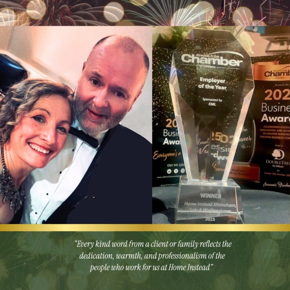 Lucy and Alan from Home Instead Altrincham Sale and wythenshawe with the Award for Employer of the year 2025