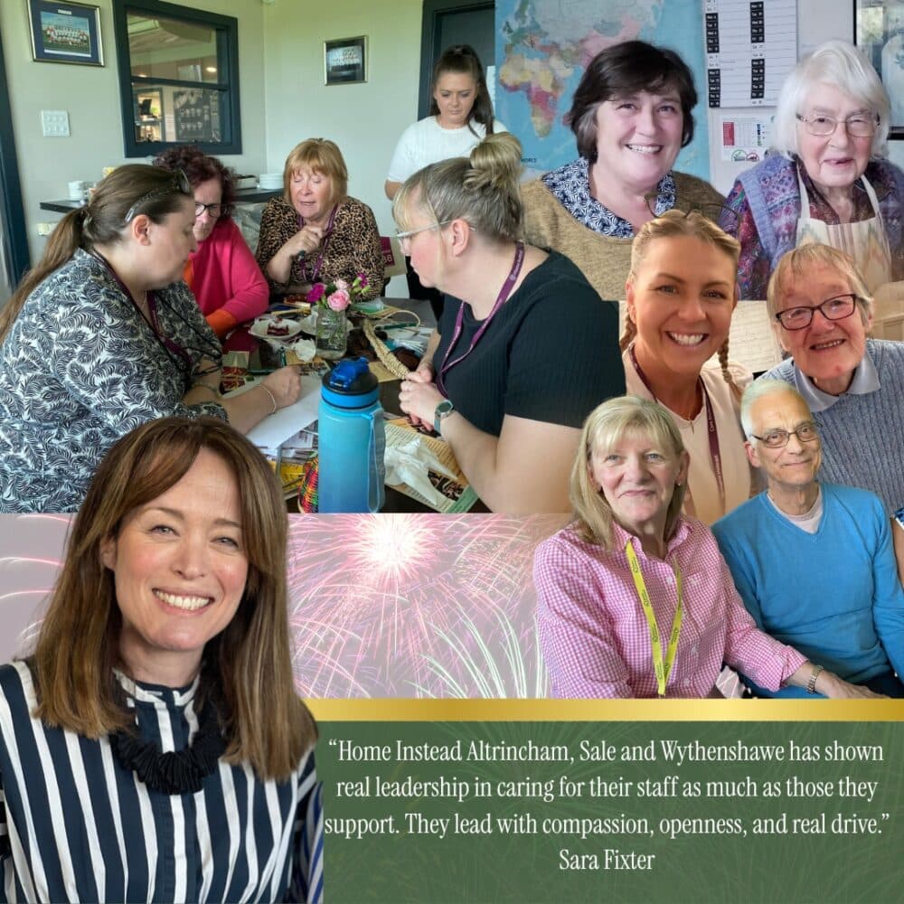 care professionals and clients of Home Instead Altrincham Sale and Wythenshawe with Sara Fixter Full Circle