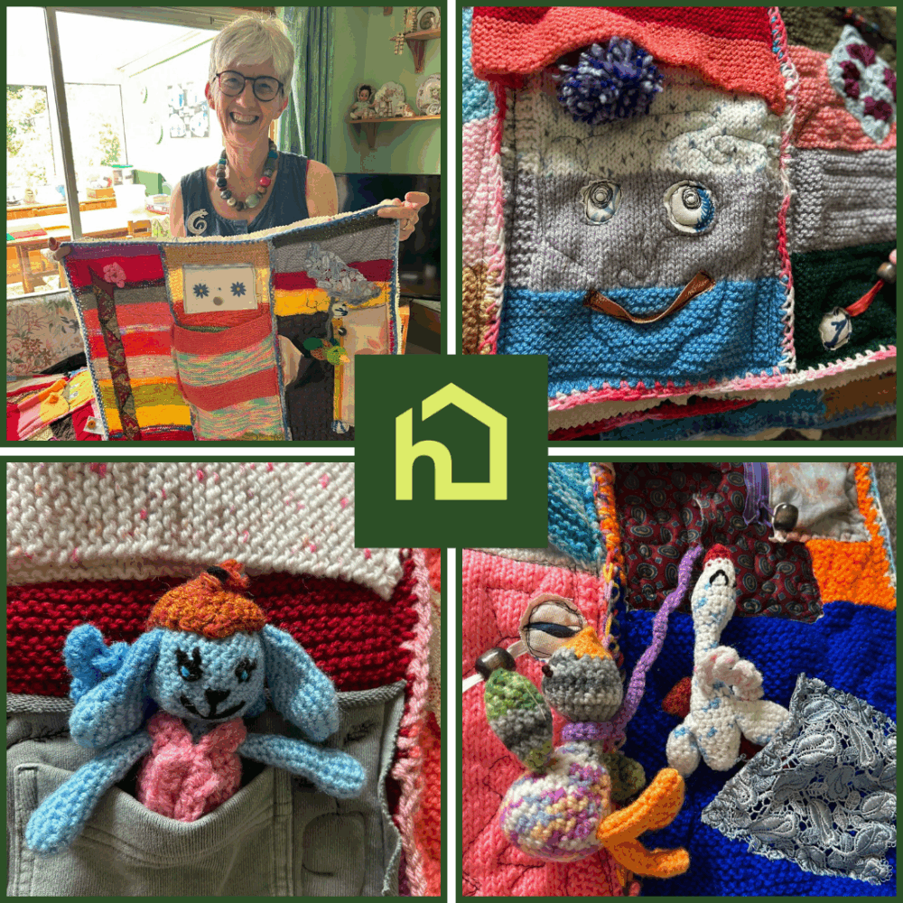 A smiling woman holds a colorful knitted blanket; close-ups show knitted animals and patchwork details. - Home Instead