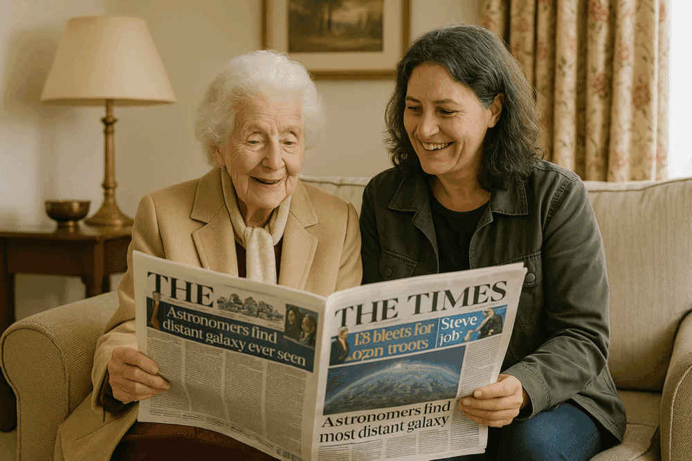 Margaret reading the Times with her Live-in carer