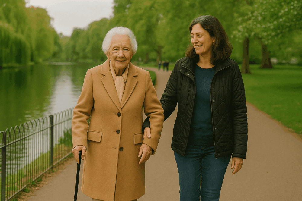 Margaret and her Care Professional in St James Park