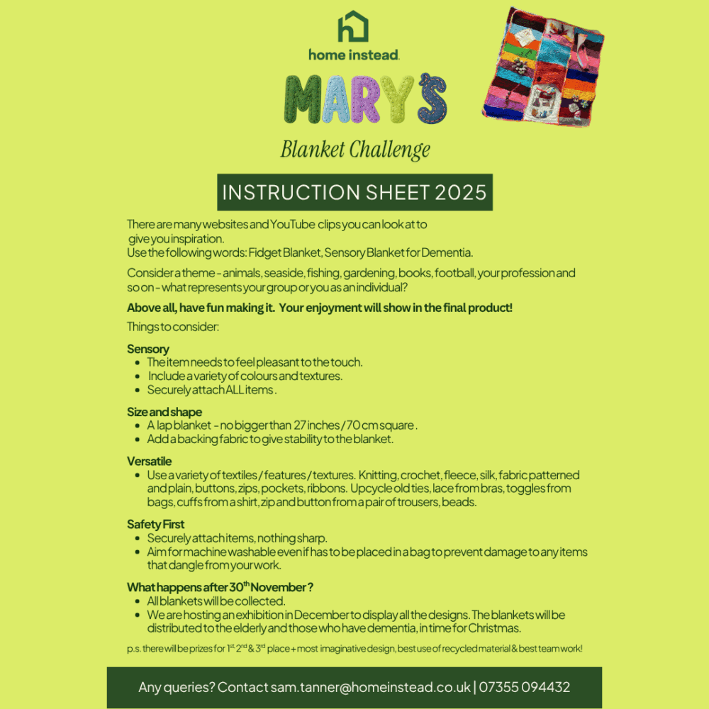 A yellow instruction sheet for "Mary’s Blanket Challenge 2025," with text details and a colorful patchwork photo. - Home Instead