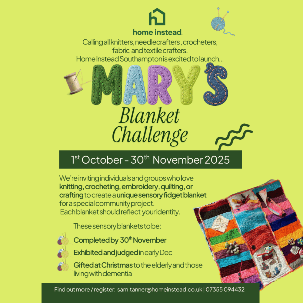 A colorful poster for "Mary's Blanket Challenge" with yarn, patchwork, and event details for 2025. - Home Instead