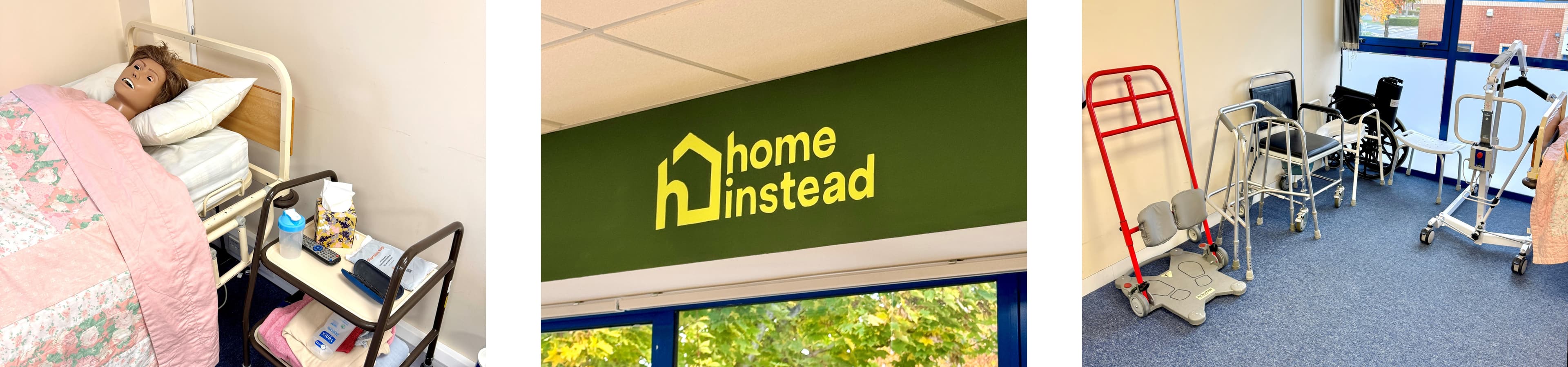 A mannequin in a hospital bed, a "Home Instead" sign, and various mobility aids in a room. - Home Instead